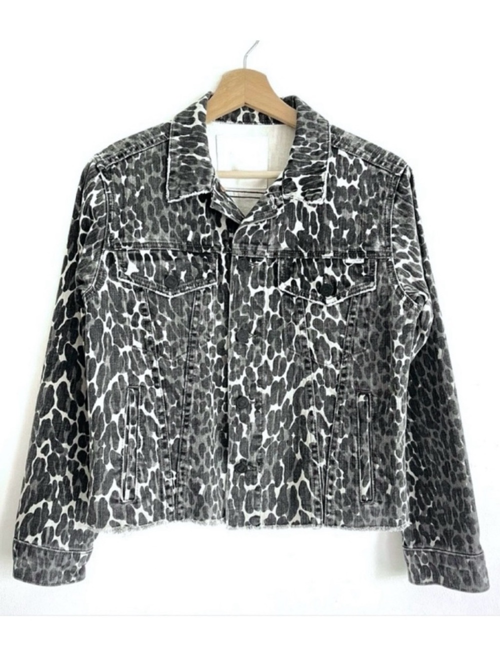 Mother Jeans Animal Print Denim Jacket The Cut Drifter In Grey Scale Wash Sz XS